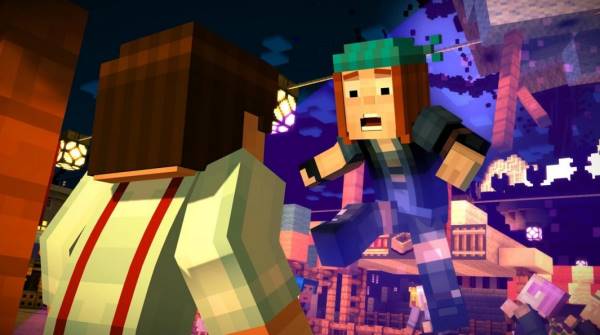A promotional image from Minecraft: Story Mode, depicting the characters Jesse (a brown-haired white male) and Petra (a red-headed female). Petra is flying through the air, with a surprised expression on her face.