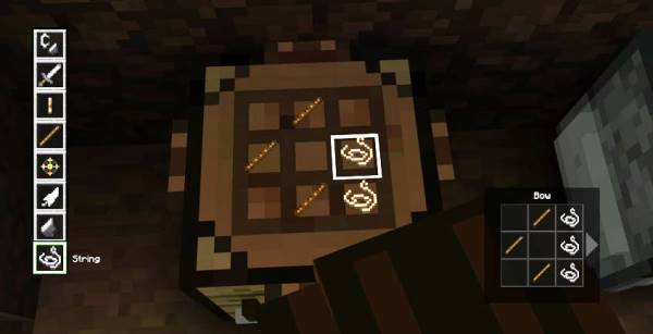 A screenshot from Minecraft: Story Mode, which highlights the crafting interface. On a crafting bench, the player is making a bow.