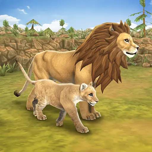 A lion and lioness walking through a forest