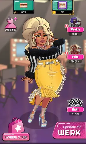 Blond drag queen with a yellow skirt and black and white top