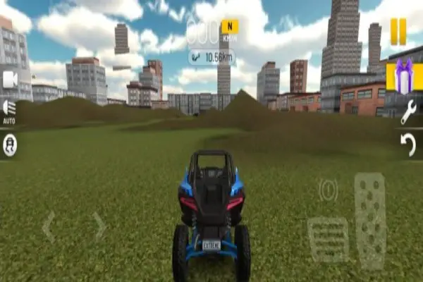 Blue Car in a field with half rendered buildings in the background